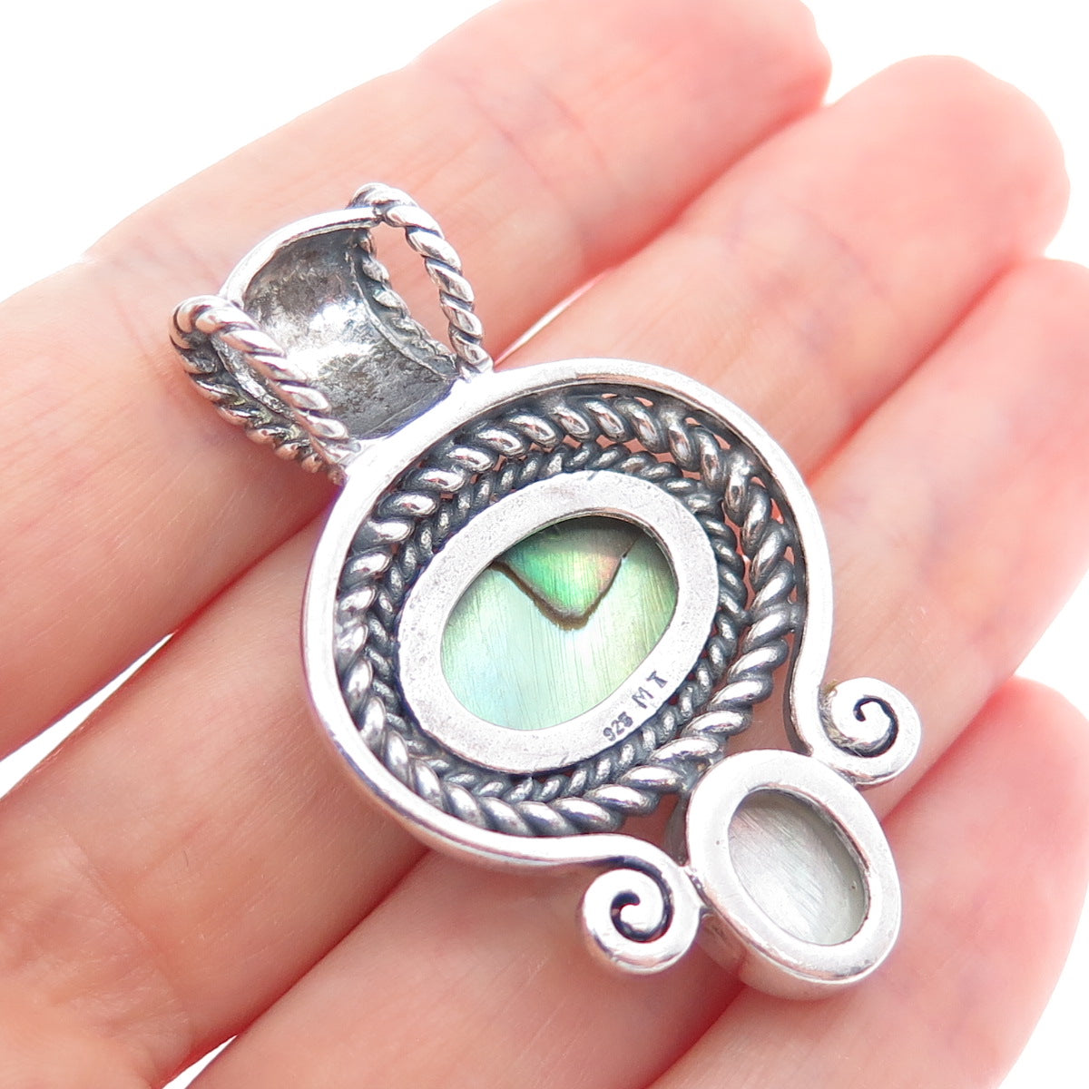 925 Sterling Silver Vintage Real Abalone Shell & MOP Oxidized Pendant