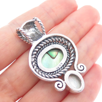 925 Sterling Silver Vintage Real Abalone Shell & MOP Oxidized Pendant