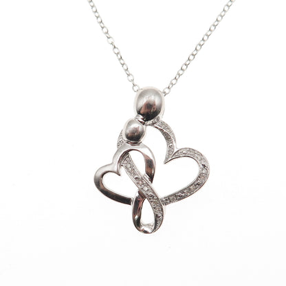 925 Sterling Silver Real Diamond Mom & Child Heart Cable Chain Necklace 18"
