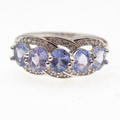925 Sterling Silver Real Oval-Cut Tanzanite & Round-Cut White Topaz Ring Size 8