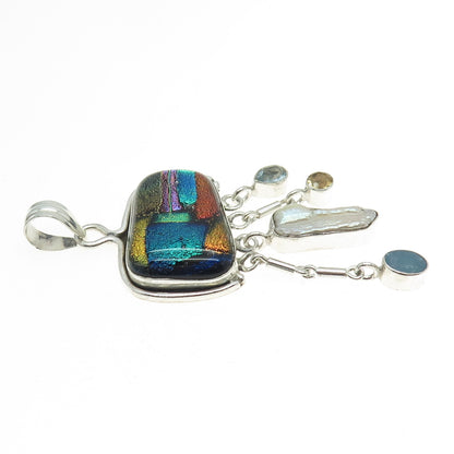 925 Sterling Silver Vintage Pearl Citrine Topaz Opal Gem & Roman Glass Pendant