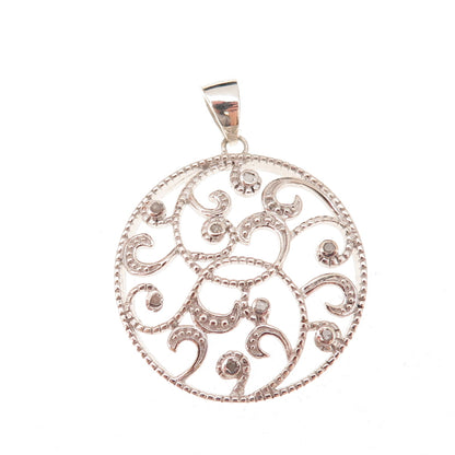 925 Sterling Silver Real Round-Cut Diamond Floral Scroll Charm Pendant