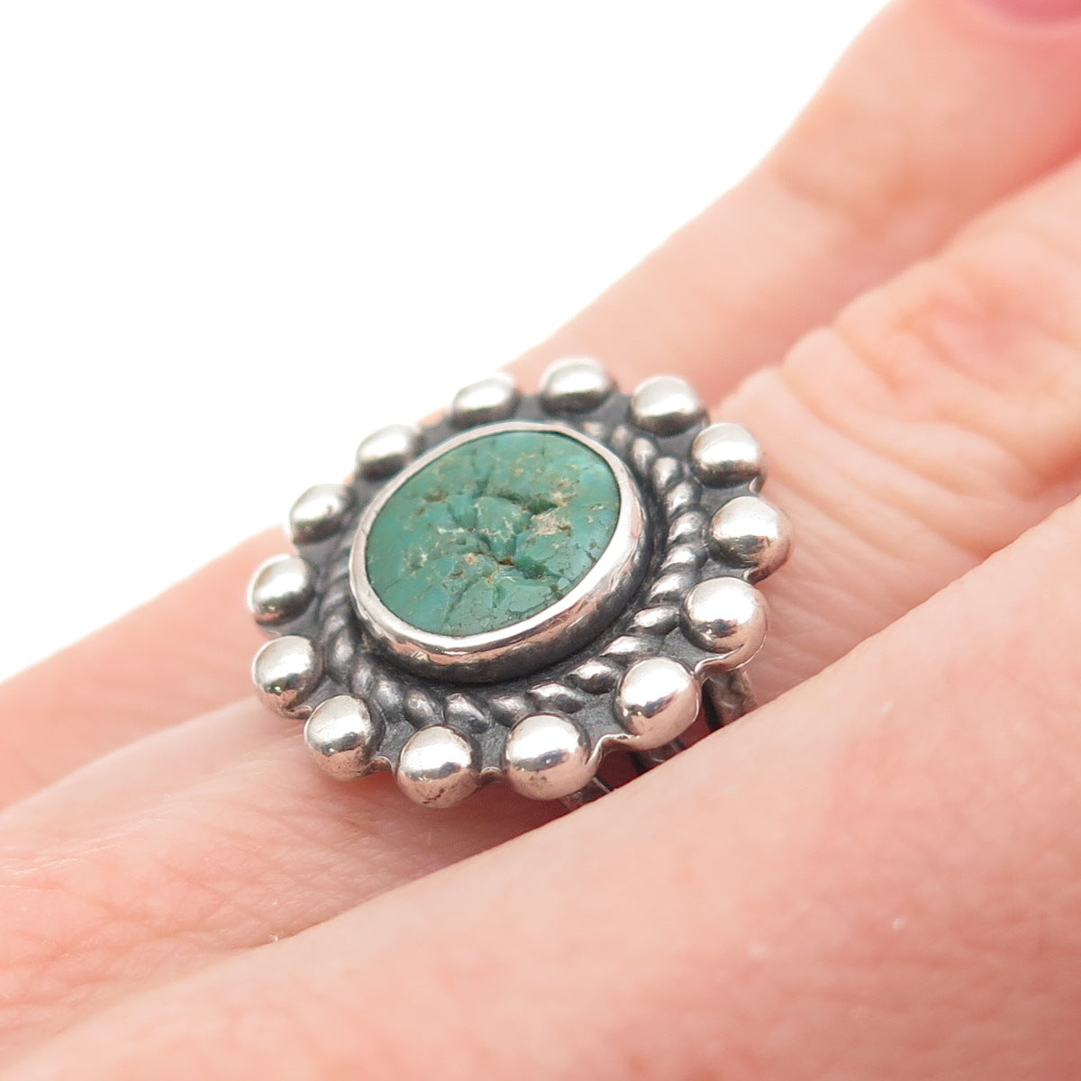 Old Pawn 925 Sterling Silver Vintage Royston Turquoise Sun Beaded Ring Size 4.75