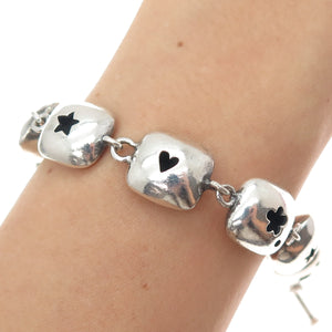 925 Sterling Silver Vintage Heart Star Flower Shadow Box Link Bracelet 7.25"