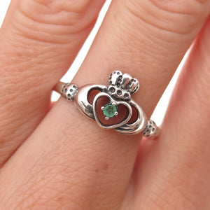 Shube Sterling Silver Vintage Real Emerald Irish Claddagh Oxidized Ring Size 10