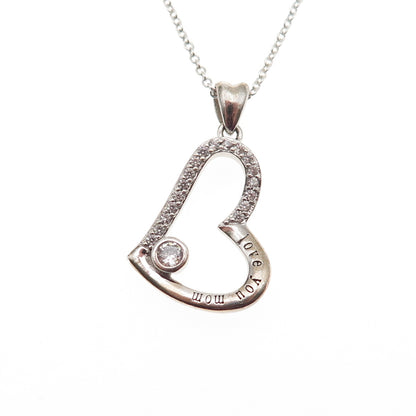 925 Sterling Silver Round-Cut C Z Love You Mom Heart Cable Chain Necklace 18"