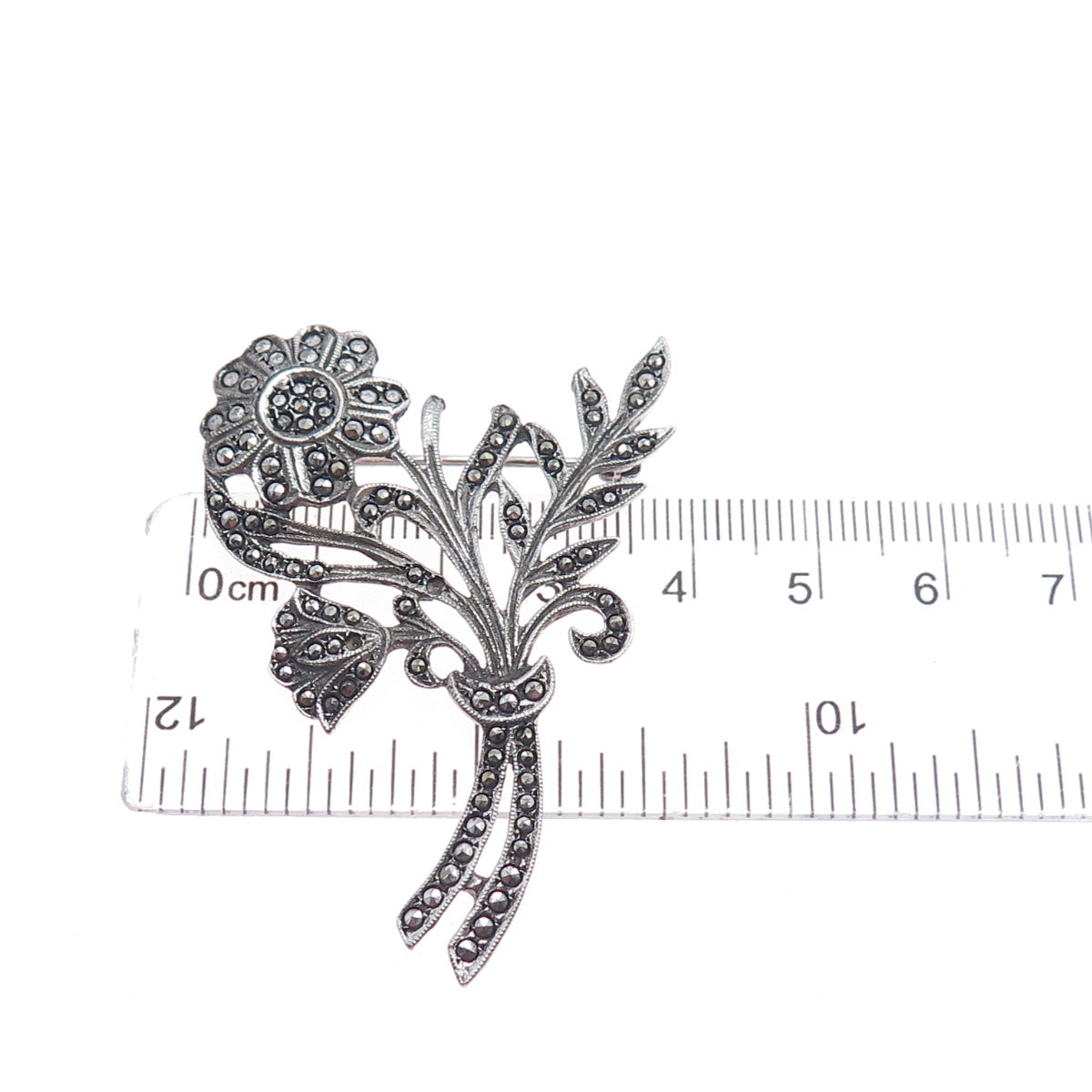 925 Sterling Silver Antique Real Marcasite Flower Pin Brooch (missing 2 stones)