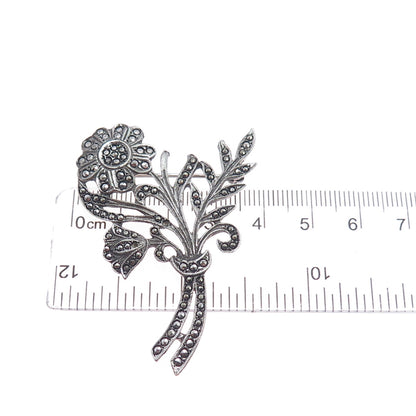 925 Sterling Silver Antique Real Marcasite Flower Pin Brooch (missing 2 stones)