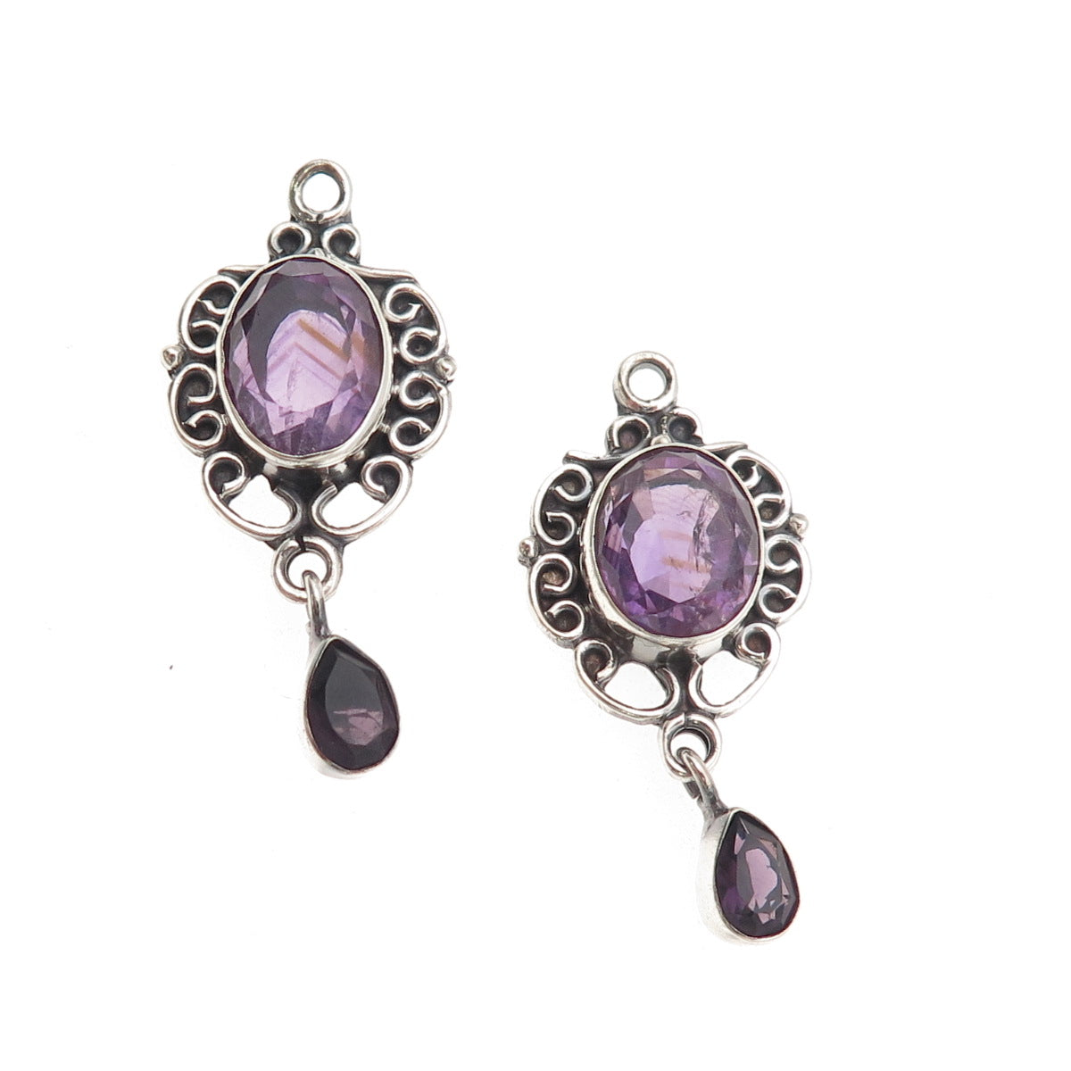 925 Sterling Silver Vintage Real Amethyst Swirl Oxidized Jacket Earrings