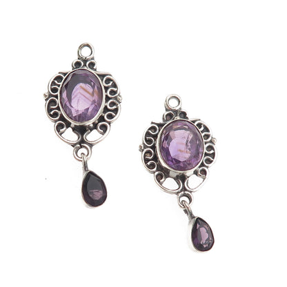 925 Sterling Silver Vintage Real Amethyst Swirl Oxidized Jacket Earrings