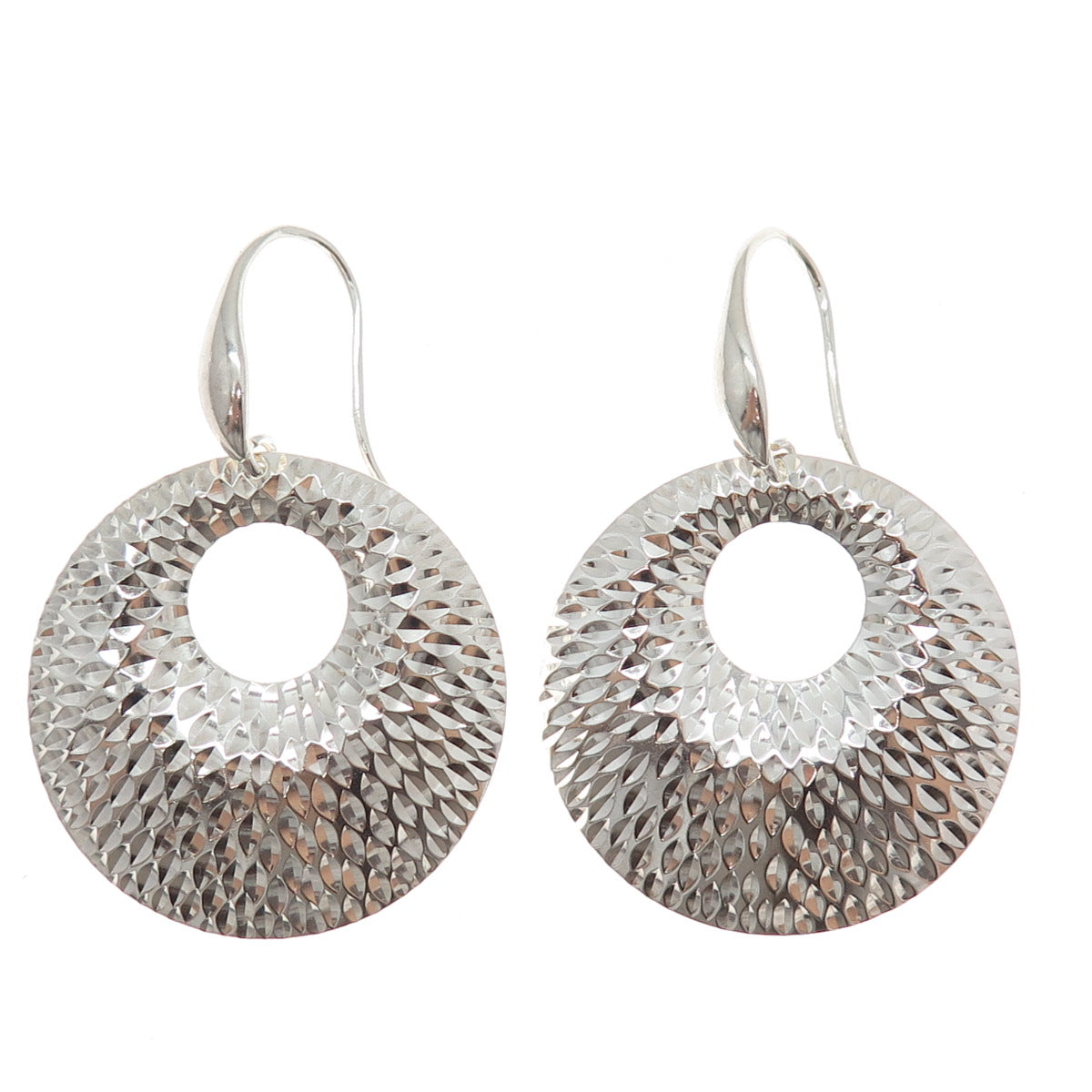 925 Sterling Silver Vintage Modernist Crescent Diamond-Cut Disc Dangle Earrings