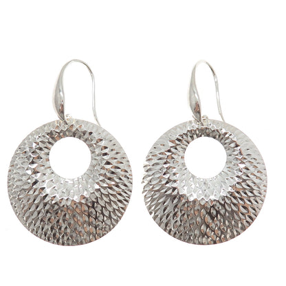 925 Sterling Silver Vintage Modernist Crescent Diamond-Cut Disc Dangle Earrings