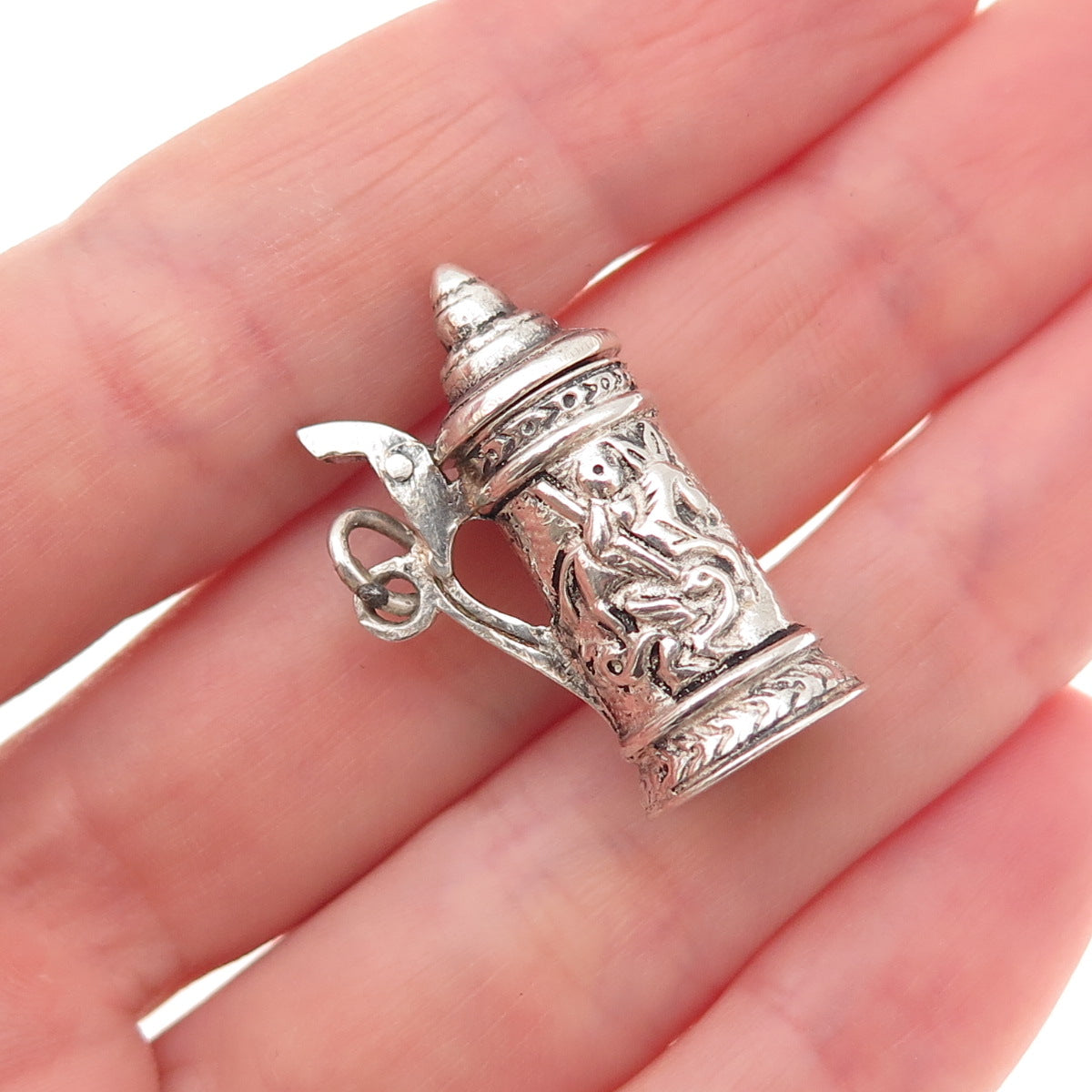 925 Sterling Silver Antique Art Deco Beer Stein 3D Open Charm Pendant