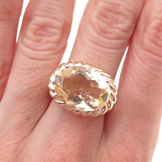 925 Sterling Silver Gold Plated Vintage Real Oval-Cut Citrine Ring Size 7.25