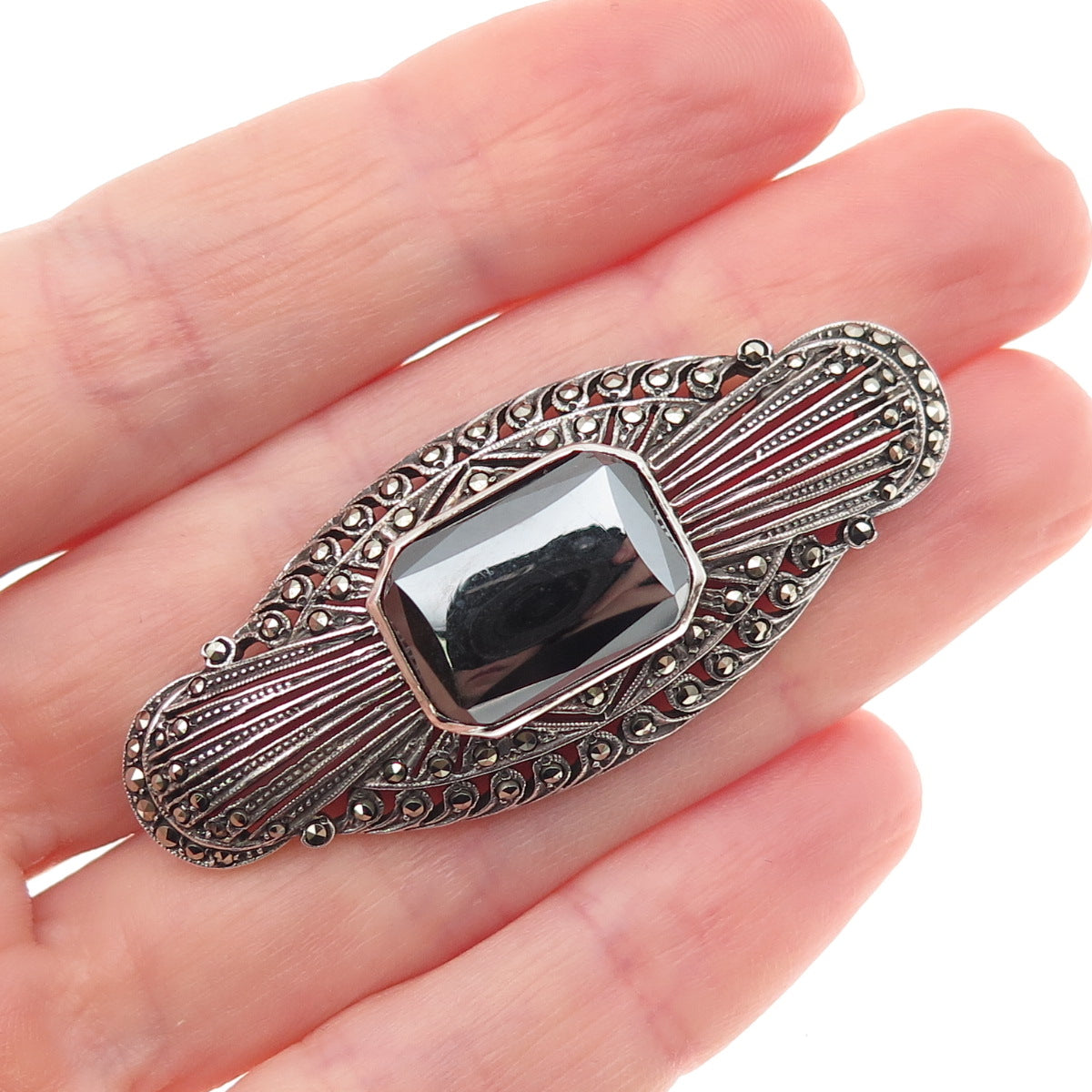 925 Sterling Silver Antique Art Deco Germany Real Hematite Marcasite Pin Brooch
