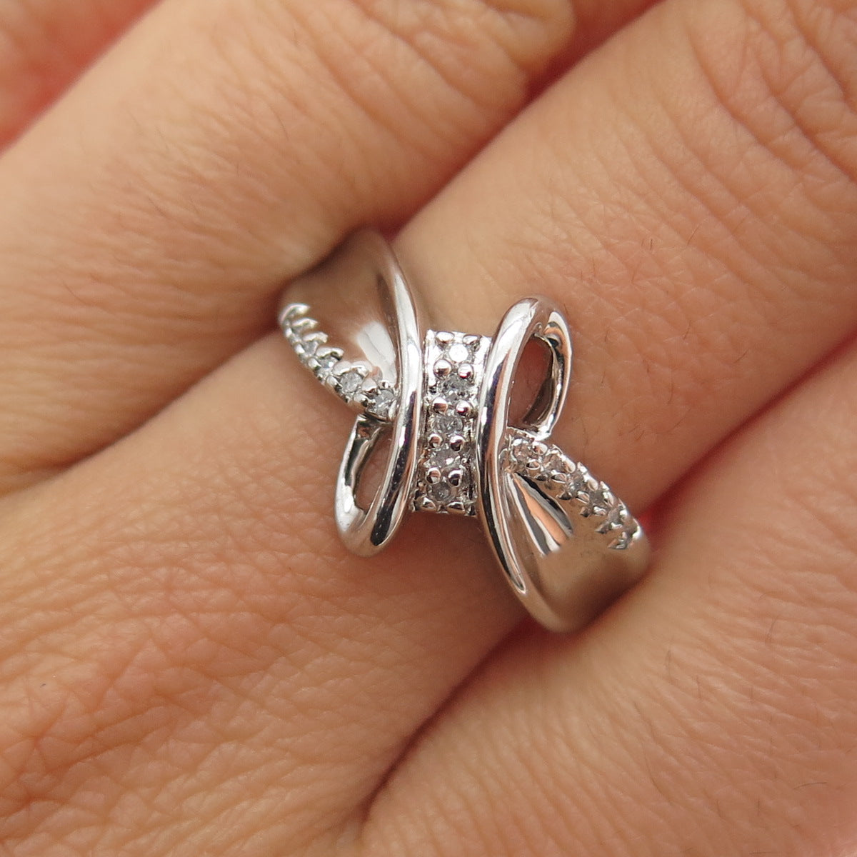 SUN 925 Sterling Silver Real Round-Cut Diamond Bypass Ring Size 7
