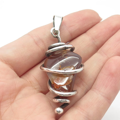 925 Sterling Silver Vintage Real Agate Gem Amulet Pendant