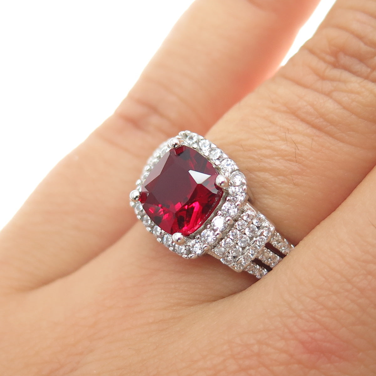 925 Sterling Silver Cushion-Cut Red & Round-Cut White C Z Ring Size 6.25