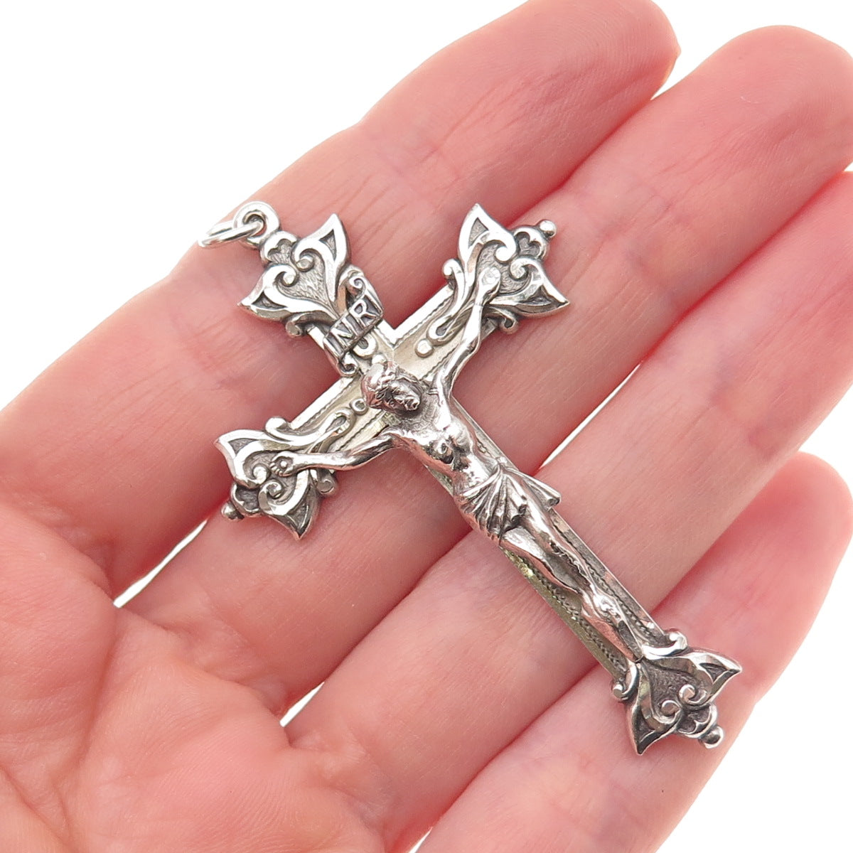 Creed 925 Sterling Silver Antique Art Deco Crucifix Cross Oxidized Charm Pendant