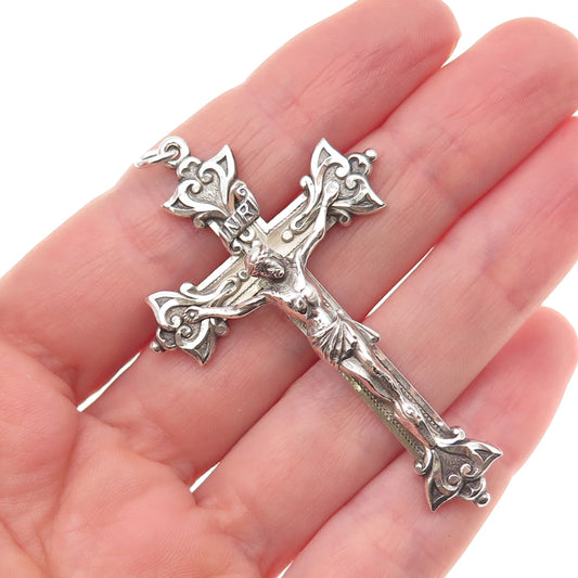 Creed 925 Sterling Silver Antique Art Deco Crucifix Cross Oxidized Charm Pendant