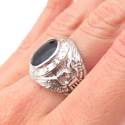 925 Sterling Silver Antique WWII Blue Glass US Navy Ring Size 8.75