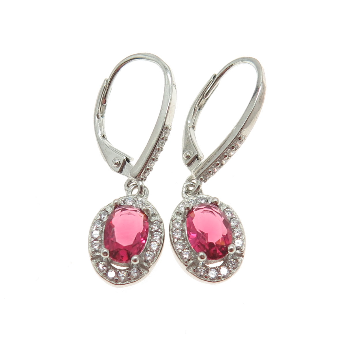 925 Sterling Silver Pink Oval-Cut & White Round-Cut Shaped C Z Dangle Earrings