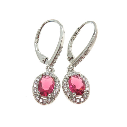 925 Sterling Silver Pink Oval-Cut & White Round-Cut Shaped C Z Dangle Earrings