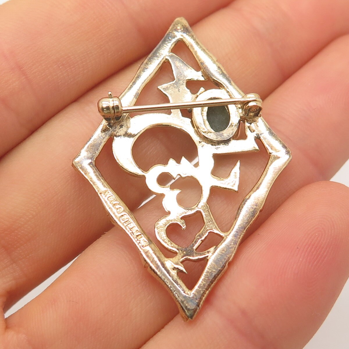 925 Sterling Silver Vintage Gold Plated Wells Real Jade Gem Ornate Pendant