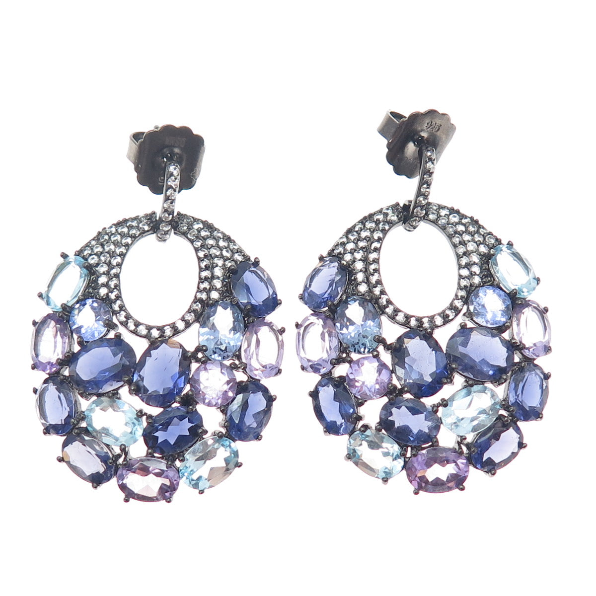 925 Sterling Black Rhodium Blue & White Topaz Amethyst Tanzanite Iolite Earrings