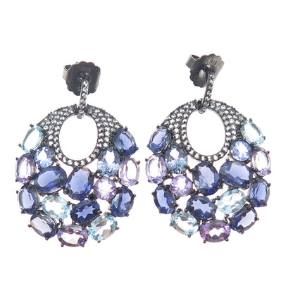 925 Sterling Black Rhodium Blue & White Topaz Amethyst Tanzanite Iolite Earrings