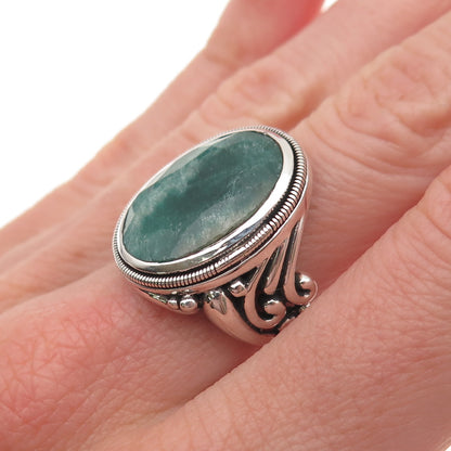 925 Sterling Silver Vintage Real Emerald Modernist Oxidized Ring Size 5.75