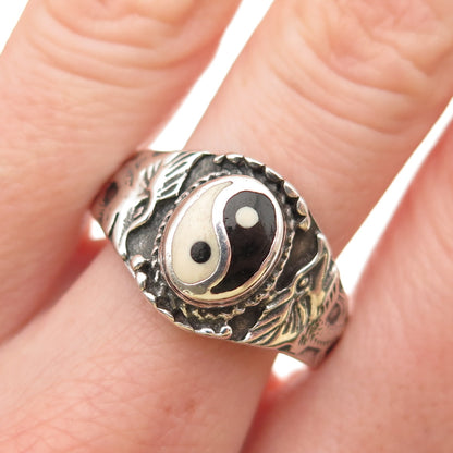 925 Sterling Silver Vintage Real Black & White Onyx Yin Yang Ring Size 11.75