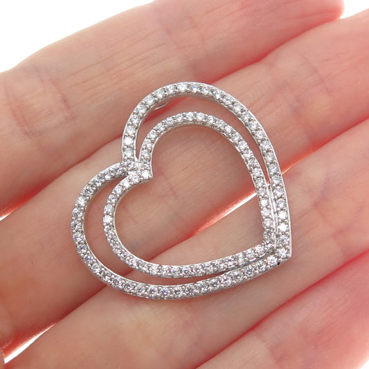 925 Sterling Silver Round-Cut C Z Double Heart Charm Slide Pendant