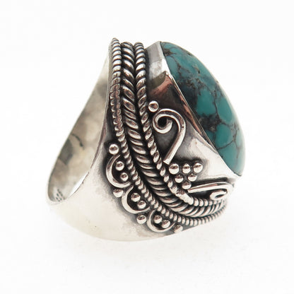 925 Sterling Silver Vintage Real Kingman Turquoise Oxidized Ring Size 7.25