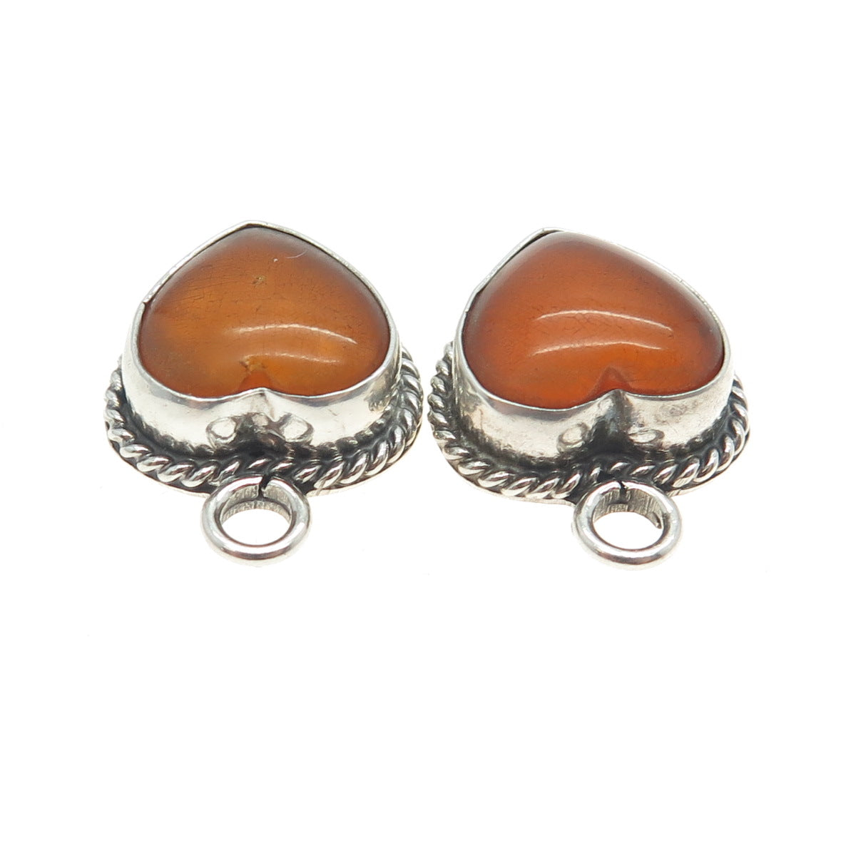 925 Sterling Silver Vintage Real Fire Amber Heart Jacket Earrings