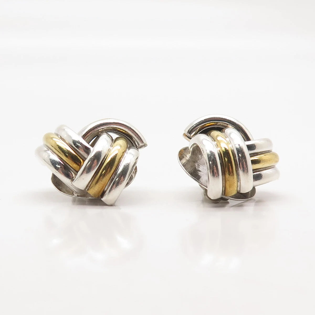 925 Sterling Silver 2-Tone Vintage Mexico Ribbed Knot Clip On Earrings