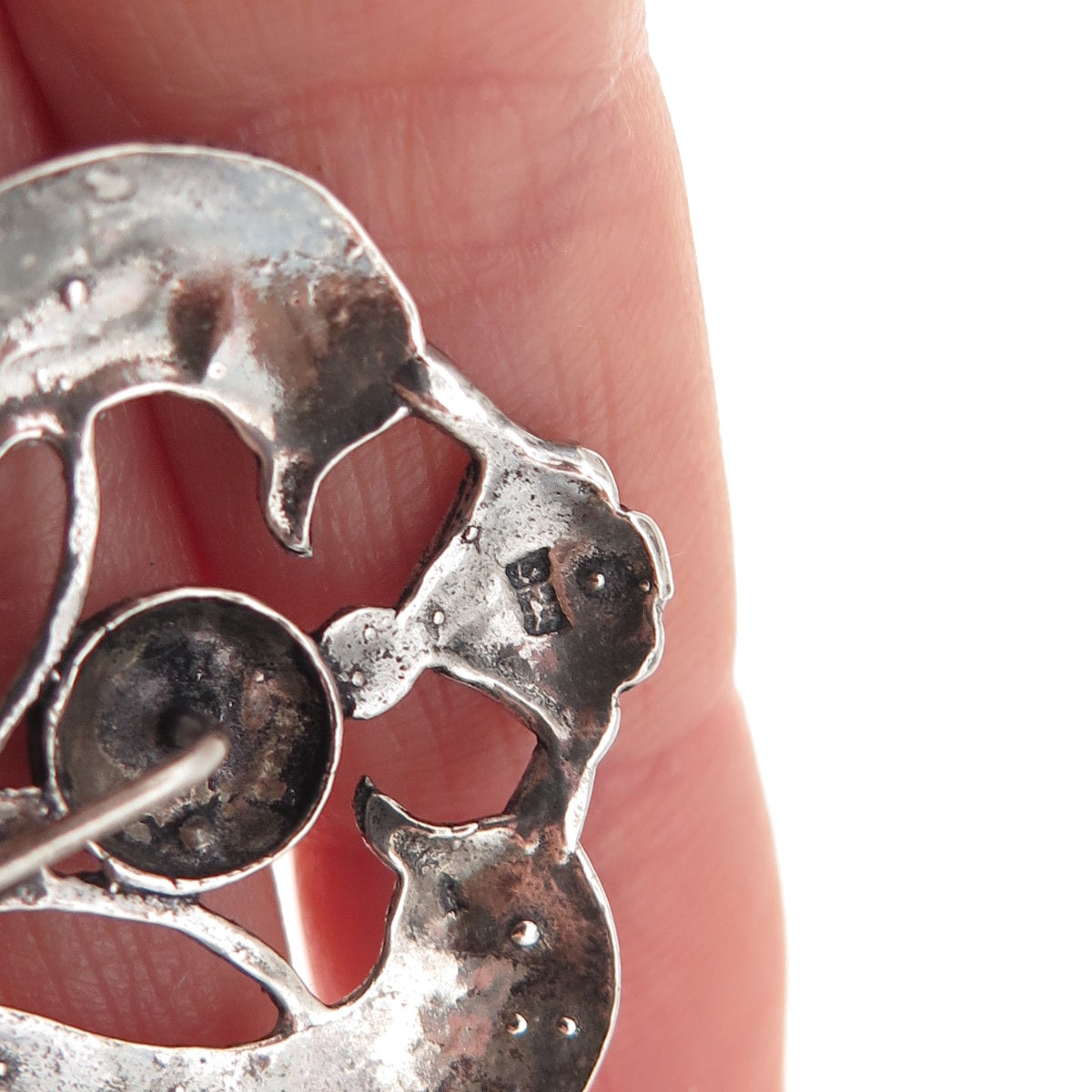 925 Sterling Silver Vintage Dolphin Heart Oxidized Lapel Pin