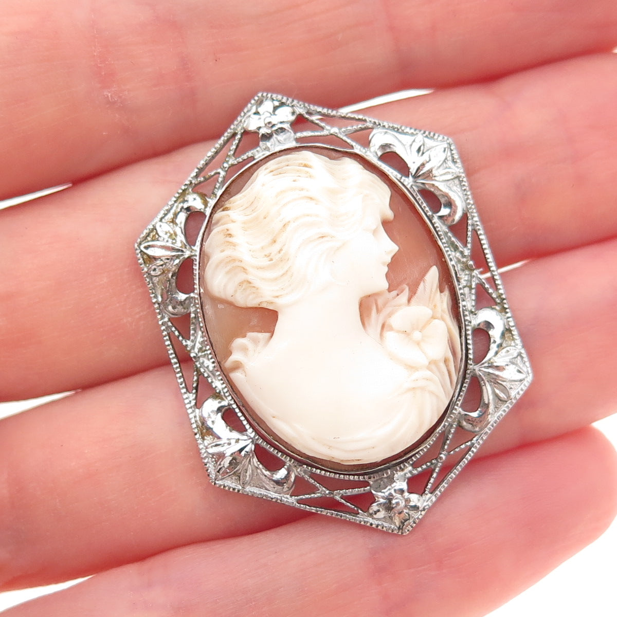 925 Sterling Silver Antique Art Deco Real MOP Carved Lady Cameo Pin Brooch