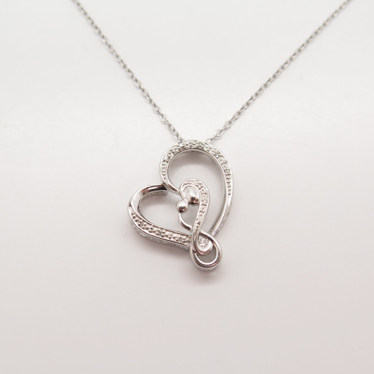 925 Sterling Silver Real White Diamond Heart Rolo Chain Necklace 16"