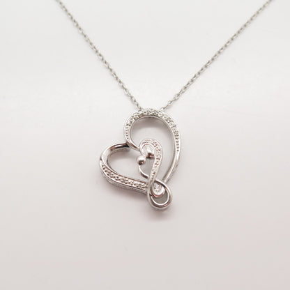 925 Sterling Silver Real White Diamond Heart Rolo Chain Necklace 16"