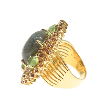 925 Sterling Gold Plated Real Labradorite Peridot Imperial Topaz Ring Size 6.25