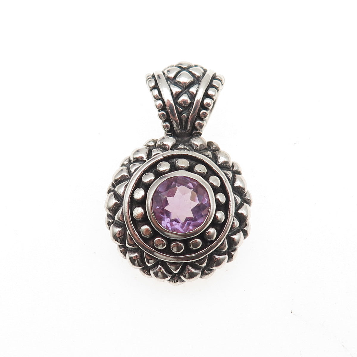925 Sterling Silver Vintage Real Amethyst Oxidized Charm Pendant