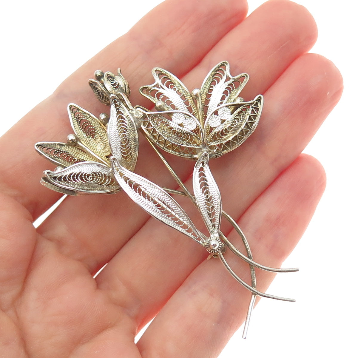 800 Silver Antique Art Deco Gold Plated Filigree Floral Pin Brooch