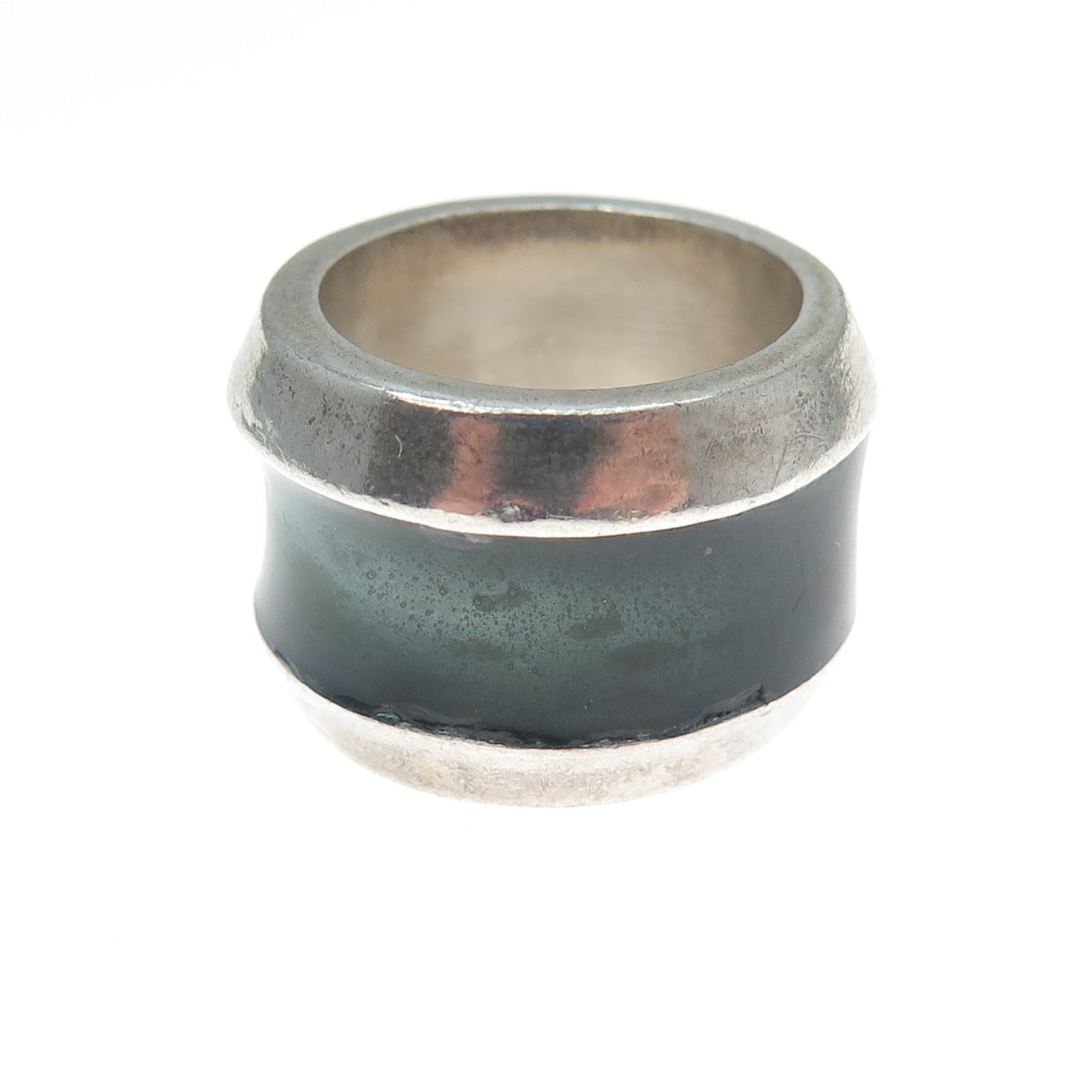 925 Sterling Silver Vintage Enamel Modernist Oxidized Ring Size 7.75