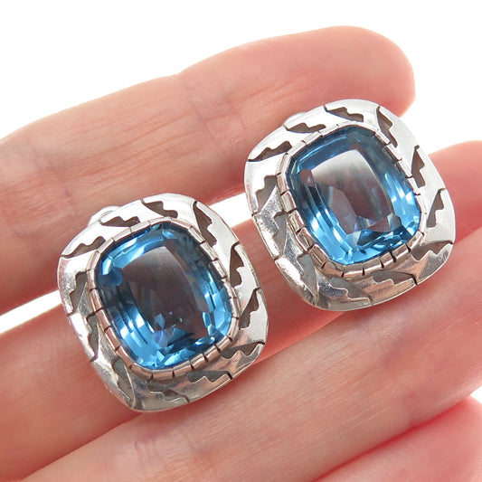 925 Sterling Silver Vintage Mexico Cushion-Cut Blue C Z Omega Back Earrings