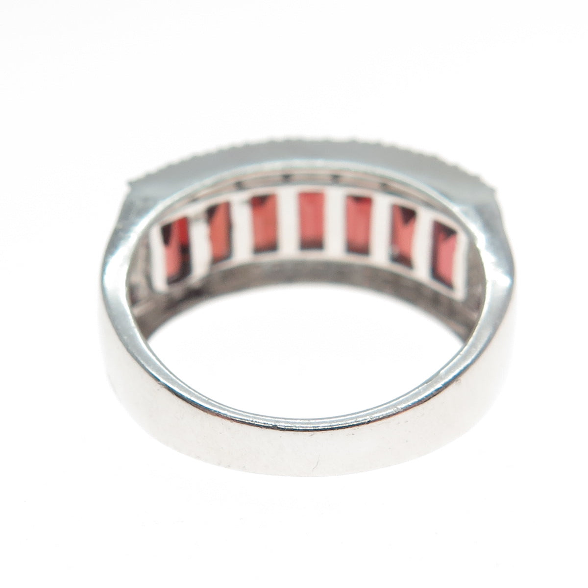 925 Sterling Silver Real Emerald-Cut Red Garnet C Z Half Eternity Ring Size 5.5