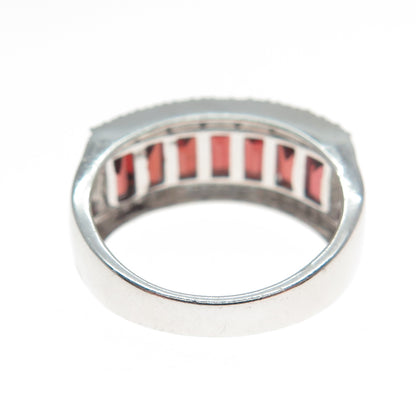 925 Sterling Silver Real Emerald-Cut Red Garnet C Z Half Eternity Ring Size 5.5