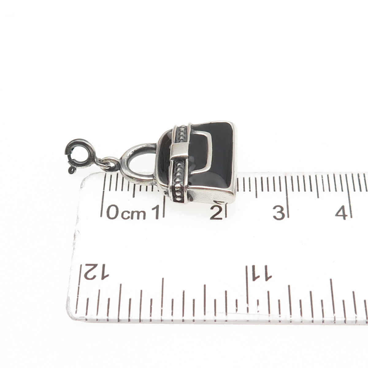 925 Sterling Silver Vintage Enamel Ladies Purse Spring Ring Lock Charm Pendant