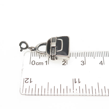 925 Sterling Silver Vintage Enamel Ladies Purse Spring Ring Lock Charm Pendant