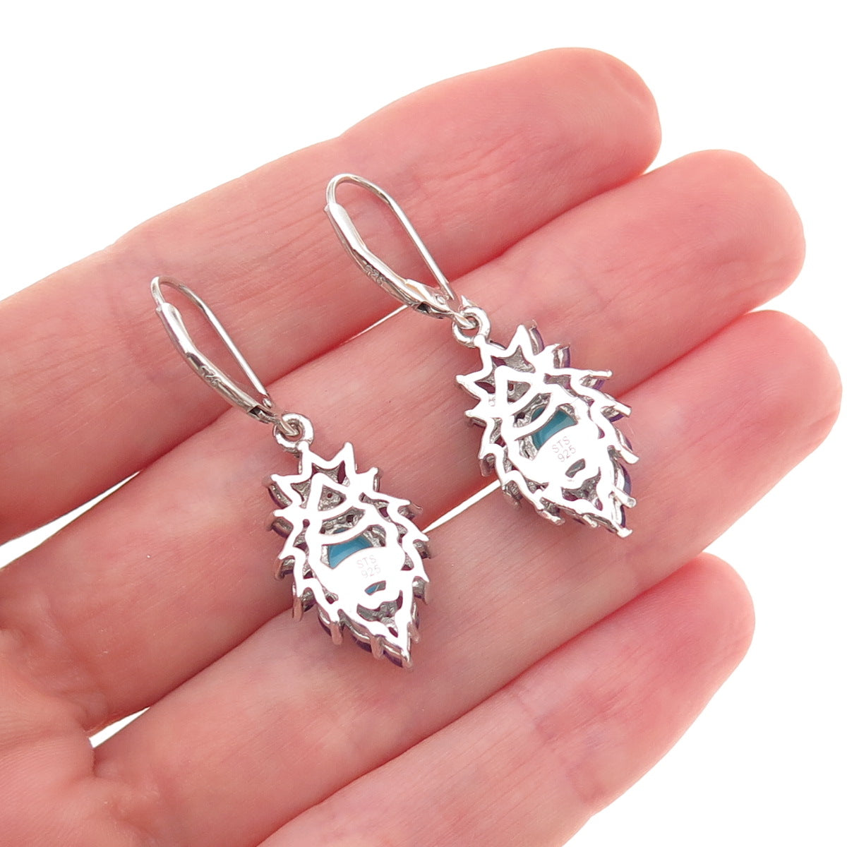 Chuck Clemency 925 Sterling Silver Real Turquoise & Amethyst Dangle Earrings